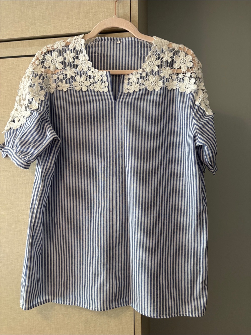 Striped Blue and White Crochet lace  Yoke Women's Top size XL